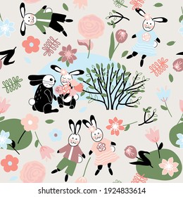 seamless background with bunny rabbit and flowers, vector design for paper, fabric