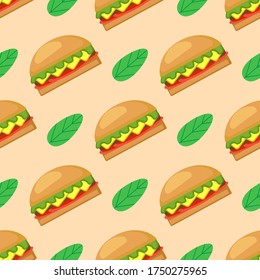 Seamless background of burgers. Fast food hamburger, cheeseburger. Vector illustration.