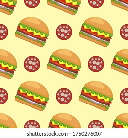 Seamless background of burgers. Fast food hamburger, cheeseburger. Vector illustration.