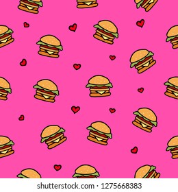 Seamless background of burgers and red hearts. Hand-drawn Vector Illustration.
