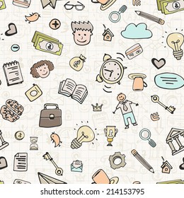 Seamless background with business doodle elements. Business hand drawn texture made in vector. Sketch style pattern.
