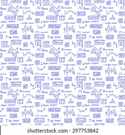 Seamless background of business doodle elements made in vector, Forex market hand drawn icons, Vector background with business, financial data, diagrams, graphs and foreign exchange related elements