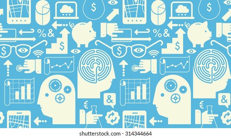 Seamless Background With Business Symbols On Blue Background.