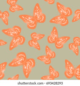 Seamless background from butterflies. Beautiful butterflies chaotically fly randomly. Vector. Suitable for fabric, paper, packaging.