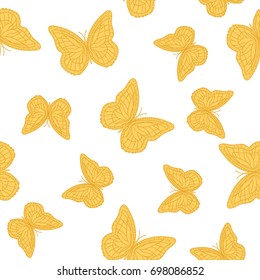 Seamless background from butterflies. Beautiful butterflies chaotically fly randomly. Vector. Suitable for fabric, paper, packaging.