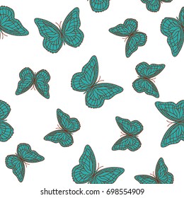 Seamless background from butterflies. Beautiful butterflies chaotically fly randomly. Vector. Suitable for fabric, paper, packaging.