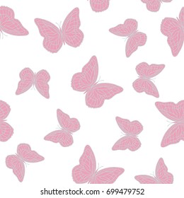 Seamless background from butterflies. Beautiful butterflies chaotically fly randomly. Vector. Suitable for fabric, paper, packaging.