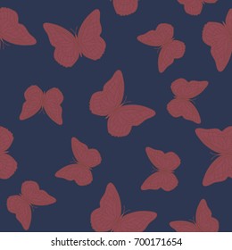 Seamless background from butterflies. Beautiful butterflies chaotically fly randomly. Vector. Suitable for fabric, paper, packaging.