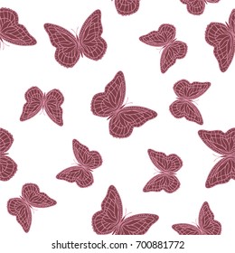 Seamless background from butterflies. Beautiful butterflies chaotically fly randomly. Vector. Suitable for fabric, paper, packaging.