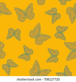 Seamless background from butterflies. Beautiful butterflies chaotically fly randomly. Vector. Suitable for fabric, paper, packaging.