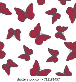 Seamless background from butterflies. Beautiful butterflies chaotically fly randomly. Vector. Suitable for fabric, paper, packaging.