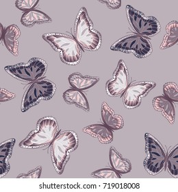 Seamless background from butterflies. Beautiful butterflies chaotically fly randomly. Vector. Suitable for fabric, paper, packaging.