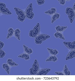 Seamless background from butterflies. Beautiful butterflies chaotically fly randomly. Vector. Suitable for fabric, paper, packaging.