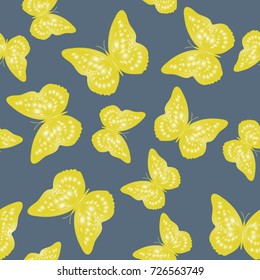 Seamless background from butterflies. Beautiful butterflies chaotically fly randomly. Vector. Suitable for fabric, paper, packaging.