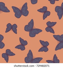 Seamless background from butterflies. Beautiful butterflies chaotically fly randomly. Vector. Suitable for fabric, paper, packaging.