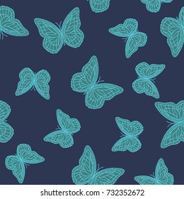 Seamless background from butterflies. Beautiful butterflies chaotically fly randomly. Vector. Suitable for fabric, paper, packaging.