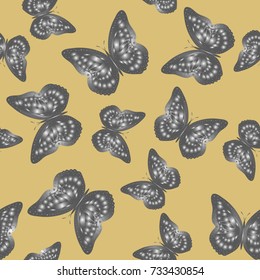 Seamless background from butterflies. Beautiful butterflies chaotically fly randomly. Vector. Suitable for fabric, paper, packaging.