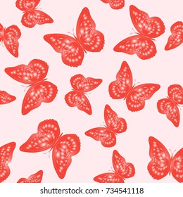 Seamless background from butterflies. Beautiful butterflies chaotically fly randomly. Vector. Suitable for fabric, paper, packaging.