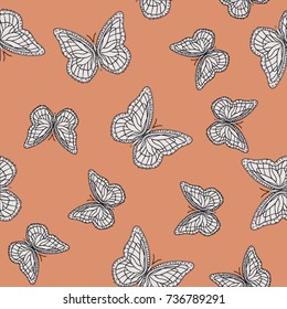 Seamless background from butterflies. Beautiful butterflies chaotically fly randomly. Vector. Suitable for fabric, paper, packaging.