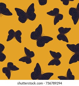 Seamless background from butterflies. Beautiful butterflies chaotically fly randomly. Vector. Suitable for fabric, paper, packaging.