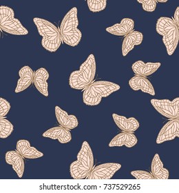 Seamless background from butterflies. Beautiful butterflies chaotically fly randomly. Vector. Suitable for fabric, paper, packaging.