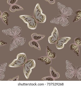 Seamless background from butterflies. Beautiful butterflies chaotically fly randomly. Vector. Suitable for fabric, paper, packaging.