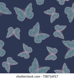 Seamless background from butterflies. Beautiful butterflies chaotically fly randomly. Vector. Suitable for fabric, paper, packaging.