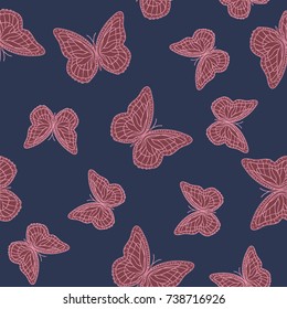 Seamless background from butterflies. Beautiful butterflies chaotically fly randomly. Vector. Suitable for fabric, paper, packaging.