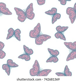 Seamless background from butterflies. Beautiful butterflies chaotically fly randomly. Vector. Suitable for fabric, paper, packaging.