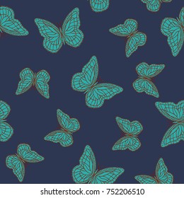 Seamless background from butterflies. Beautiful butterflies chaotically fly randomly. Vector. Suitable for fabric, paper, packaging.