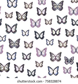 Seamless background from butterflies. Beautiful butterflies chaotically fly randomly. Vector. Suitable for fabric, paper, packaging.