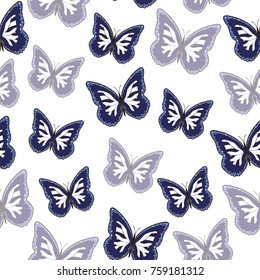 Seamless background from butterflies. Beautiful butterflies chaotically fly randomly. Vector. Suitable for fabric, paper, packaging.