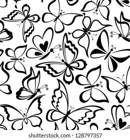 Seamless background, butterflies black silhouettes on white background. Vector