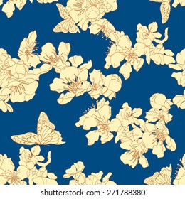 Seamless background with butterflies and blossom apricot. Elegant floral elements for design. Can be used for wallpaper, decoration for bags and clothes. Hand-drawn contour lines and strokes.