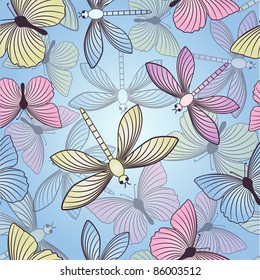 Seamless background with butterflies and dragonflies