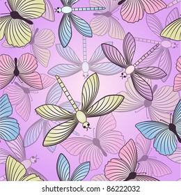 Seamless background with butterflies and dragonflies