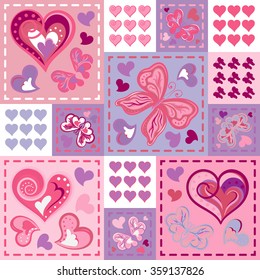 Seamless background with butterflies hearts in patchwork style. Vector illustration