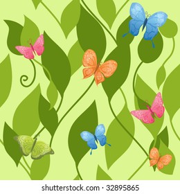 Seamless background with butterflies and leaves