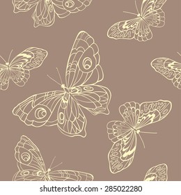 Seamless background with butterflies on light brown background. Can be used for wallpaper, decoration for bags and clothes. Hand-drawn contour lines and strokes.