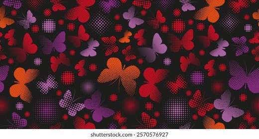 Seamless background butterflies red and purple. hand drawing. Not AI. Vector illustration.