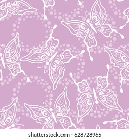 Seamless Background, Butterflies White Contours and Rings, Tile Pattern. Vector