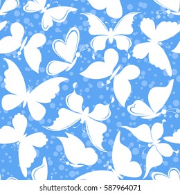 Seamless Background, Butterflies White Silhouettes on Blue Tile Pattern. Vector