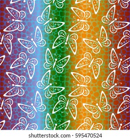 Seamless Background, Butterflies White Silhouettes on Colorful Striped Tile Pattern. Vector