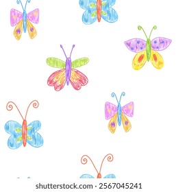 Seamless background of  butterfly drawing with crayon texture