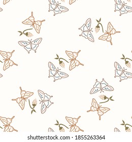 Seamless background butterfly gender neutral pattern. Whimsical minimal earthy 2 tone color. kids nursery wallpaper or boho cartoon bug fashion all over print.