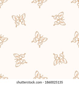 Seamless background butterfly gender neutral pattern. Whimsical minimal earthy 2 tone color. kids nursery wallpaper or boho cartoon bug fashion all over print.