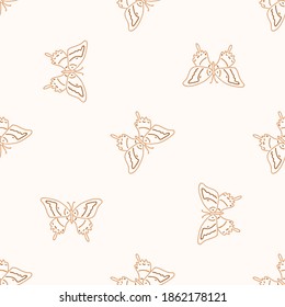 Seamless background butterfly gender neutral pattern. Whimsical minimal earthy 2 tone color. kids nursery wallpaper or boho cartoon bug fashion all over print.