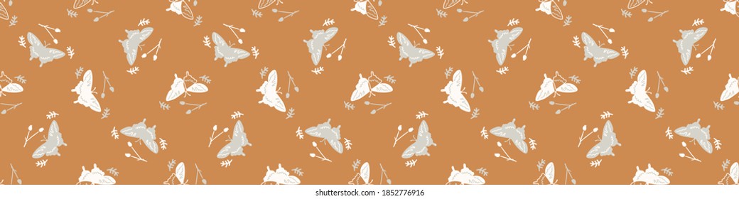 Seamless background butterfly insect gender neutral baby border pattern. Simple whimsical minimal earthy 2 tone color. Kids nursery wildlife rhopalocera edging fashion trim. 