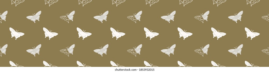 Seamless background butterfly insect gender neutral baby border pattern. Simple whimsical minimal earthy 2 tone color. Kids nursery wildlife rhopalocera edging fashion trim. 