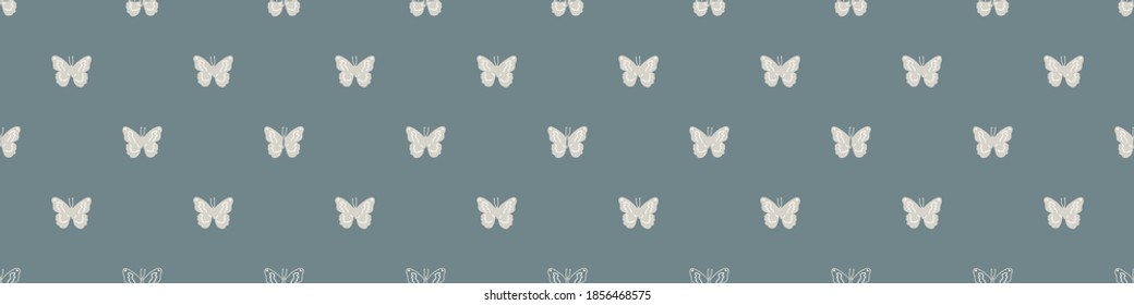 Seamless background butterfly insect gender neutral baby border pattern. Simple whimsical minimal earthy 2 tone color. Kids nursery wildlife rhopalocera edging fashion trim. 